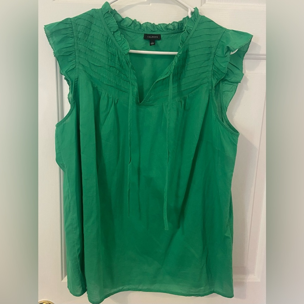 Talbots Green Flutter Sleeve Ruffled Blouse